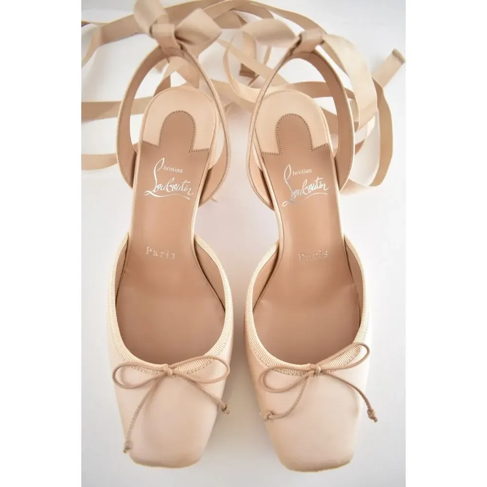 Christian Louboutin Cassia Lace Up 55 Blush Nude Ballet Sandal Heel Pump 40.5